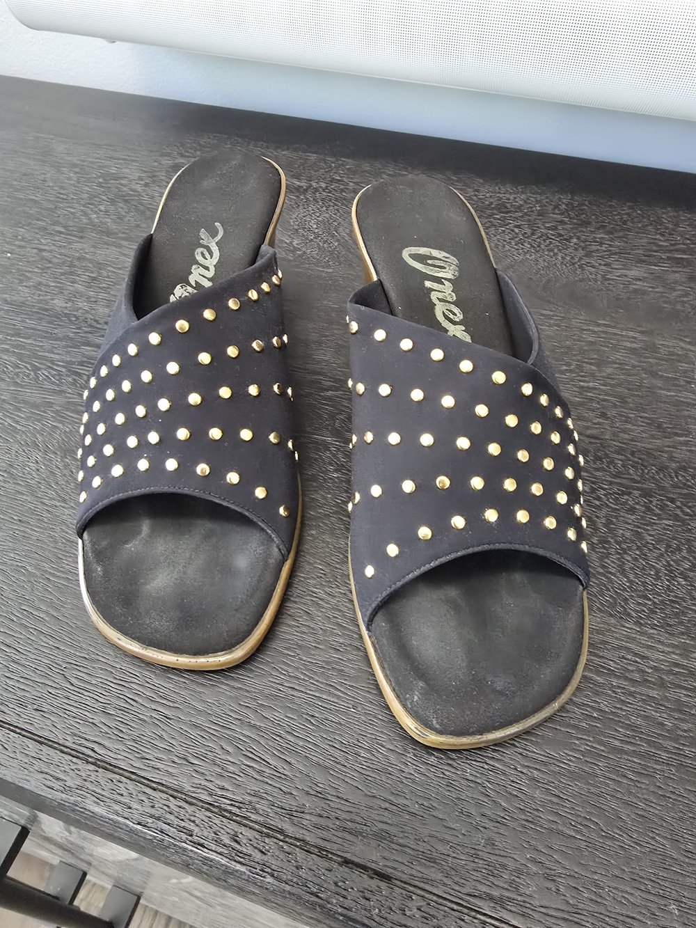 Onex Black Slide Mules with Gold Stud Accents Size 5